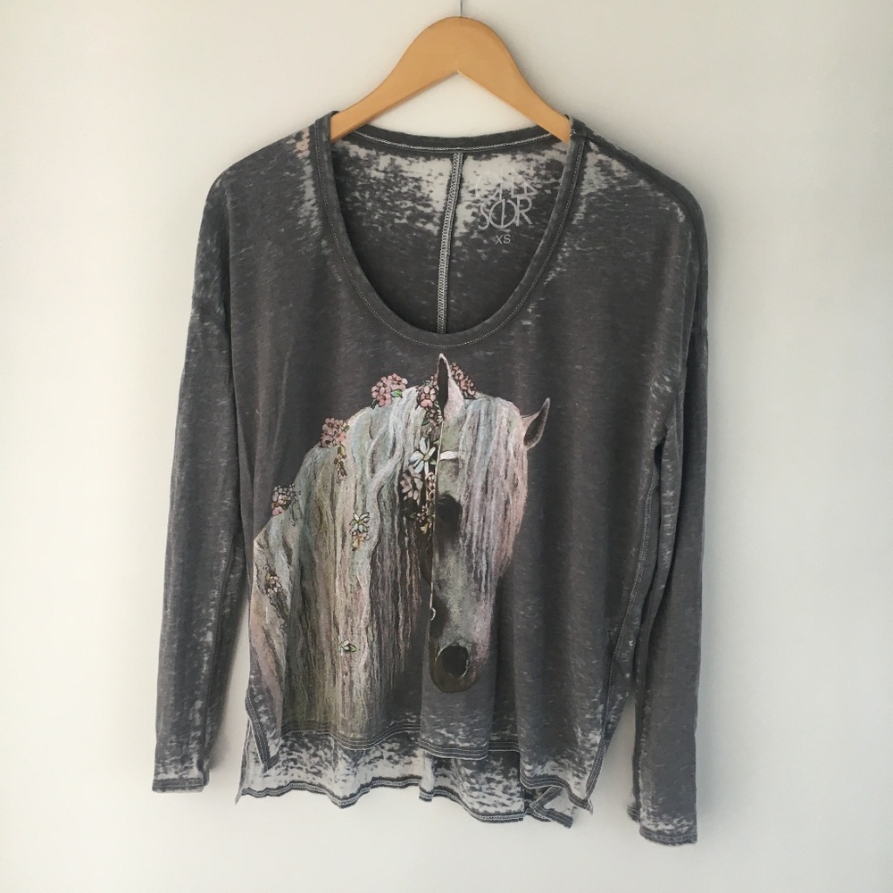 Chaser Horse Print Gray Burnout Long Sleeve Tee